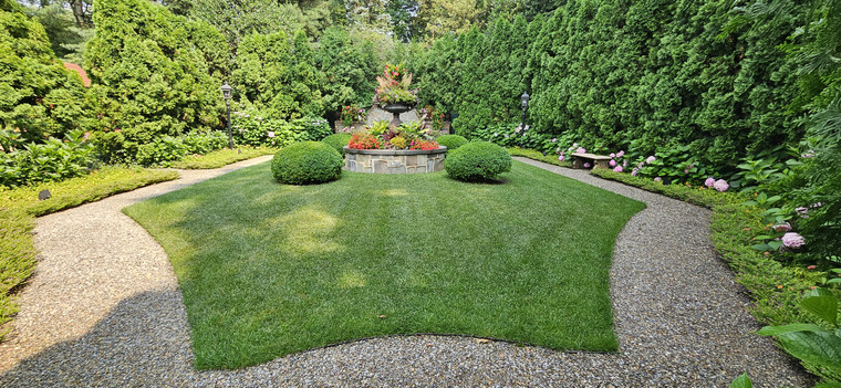 Manicured lawn with central stone fountain planter framed by evergreen hedges