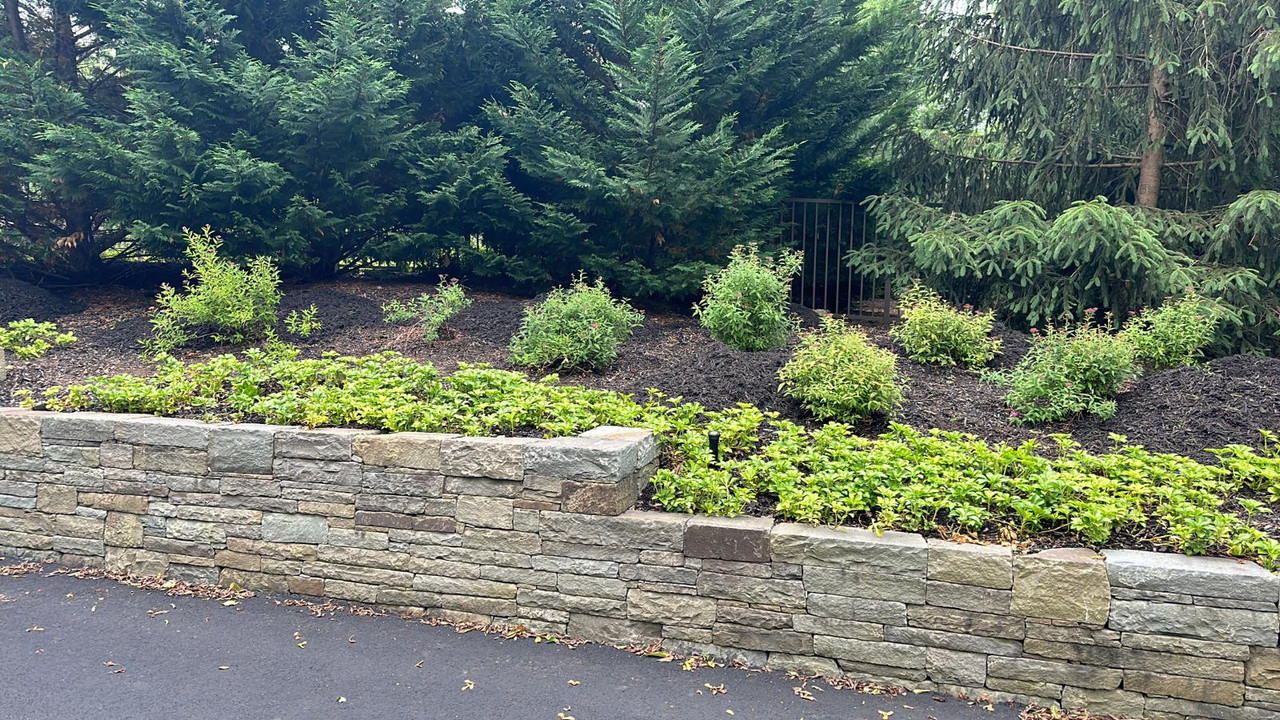 Natural stone retaining wall with capstones backed by mulched garden bed